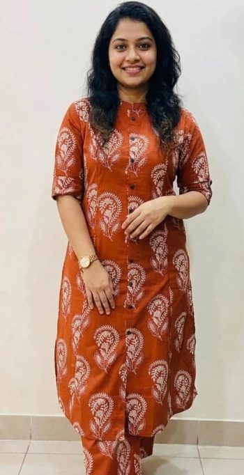 DESIGNER COTTON BLEND FLORAL PRINT  WORK CO -ORD SET ORANGE