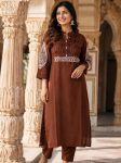 DESIGNER COTTON EMBROIDERY WORK TOP PENT SET CHIKU