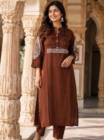 DESIGNER COTTON EMBROIDERY WORK TOP PENT SET CHIKU