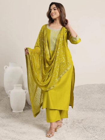 DESIGNER COTTON SILK SEQUENCE AND THREAD WORK TOP BOTTOM WITH DUPATTA YELLOW