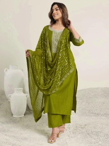 DESIGNER COTTON SILK SEQUENCE AND THREAD WORK TOP BOTTOM WITH DUPATTA GREEN