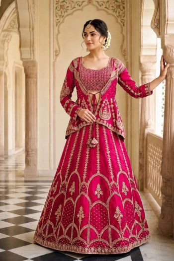 DESIGNER CREPE SILK EMBROIDERY THREAD & SEQUENCE WORK LEHENGA CHOLI WITH JACKET PINK