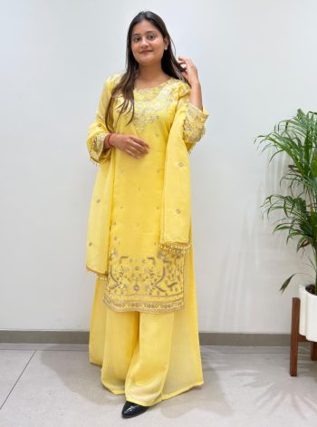 DESIGNER CRUNCHY SEQUENCE EMBROIDERY WORK TOP PALAZZO WITH DUPATTA YELLOW
