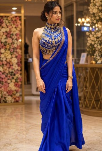 DESIGNER DIAMOND SATIN SILK MULTI THREAD EMBROIDERY + SEQUENCE WORK READY TO WEAR SAREE WITH STITCHED BLOUSE BLUE