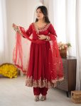DESIGNER DOREMON CRUSH EMBROIDERY SEQUENCE  WORK LACE BORDER WORK GOWN BOTTOM WITH DUPATTA MAROON