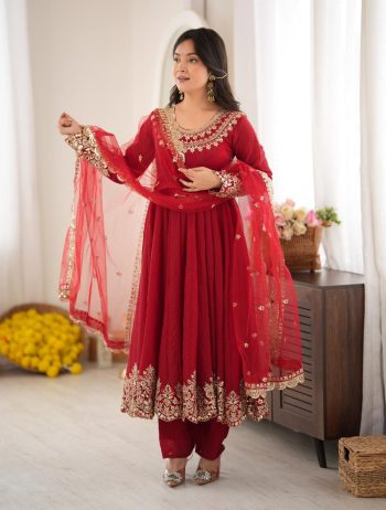 DESIGNER DOREMON CRUSH EMBROIDERY SEQUENCE  WORK LACE BORDER WORK GOWN BOTTOM WITH DUPATTA MAROON