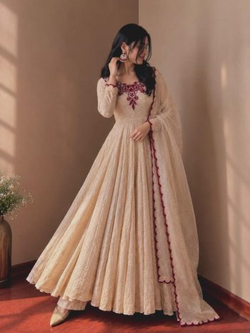 DESIGNER DOREMON CRUSH EMBROIDERY THREAD WORK GOWN BOTTOM WITH DUPATTA CREAM AND RED
