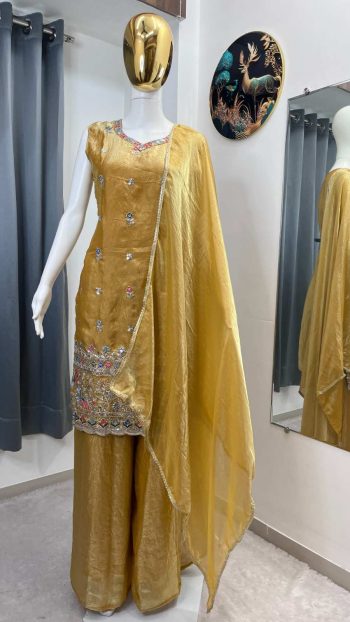 DESIGNER FENDY EMBROIDERY SEQUENCE WORK  TOP PALAZZO WITH DUPATTA YELLOW
