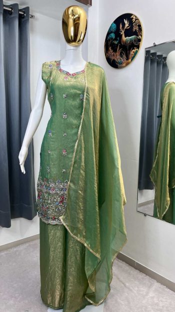 DESIGNER FENDY EMBROIDERY SEQUENCE WORK  TOP PALAZZO WITH DUPATTA GREEN