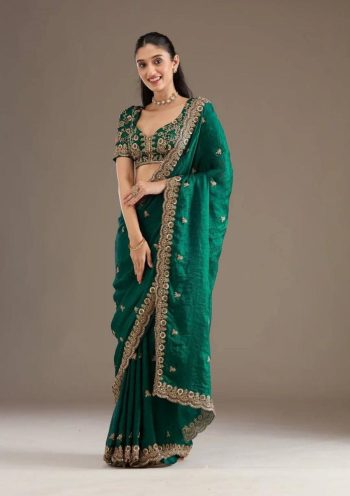 DESIGNER FENDY SATIN DORI WITH ZARI & SEQUENCE WORK SAREE WITH UNSTITCHED BLOUSE GREEN