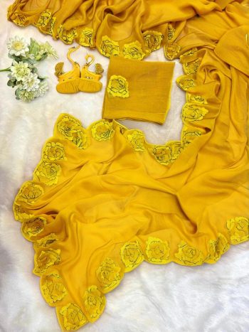 DESIGNER FENDY SATIN KHATLI CUT DANA HANDWORK ALONG WITH  ARC BORDER SAREE WITH UNSTITCHED BLOUSE YELLOW