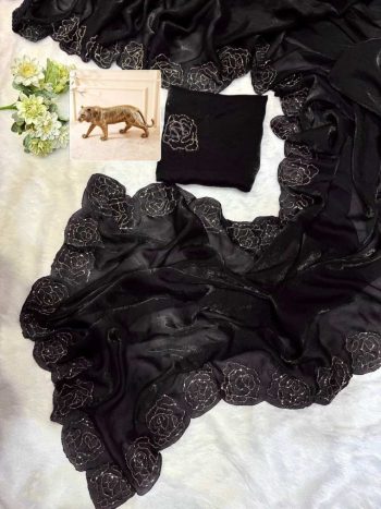 DESIGNER FENDY SATIN KHATLI CUT DANA HANDWORK ALONG WITH  ARC BORDER SAREE WITH UNSTITCHED BLOUSE BLACK