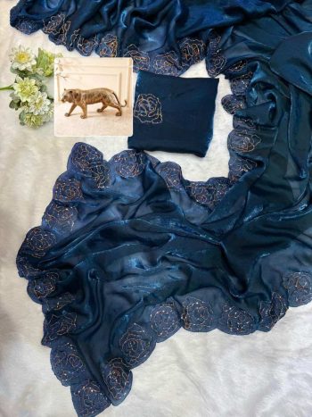 DESIGNER FENDY SATIN KHATLI CUT DANA HANDWORK ALONG WITH  ARC BORDER SAREE WITH UNSTITCHED BLOUSE TEAL