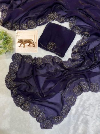 DESIGNER FENDY SATIN KHATLI CUT DANA HANDWORK ALONG WITH  ARC BORDER SAREE WITH UNSTITCHED BLOUSE NAVY BLUE