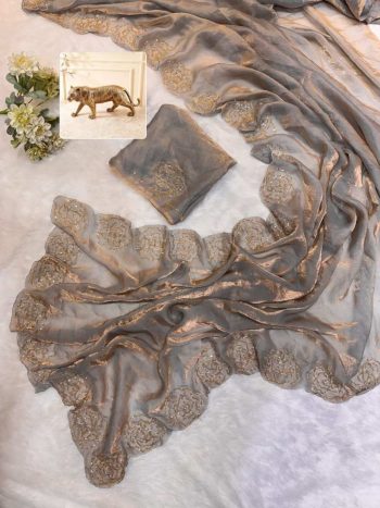DESIGNER FENDY SATIN KHATLI CUT DANA HANDWORK ALONG WITH  ARC BORDER SAREE WITH UNSTITCHED BLOUSE GREY