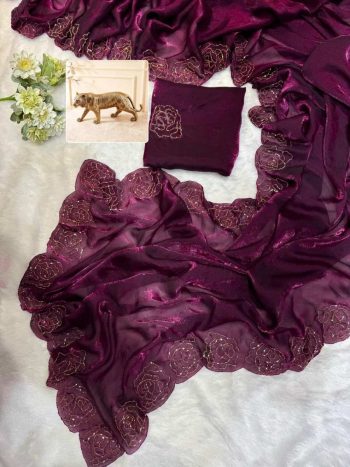 DESIGNER FENDY SATIN KHATLI CUT DANA HANDWORK ALONG WITH  ARC BORDER SAREE WITH UNSTITCHED BLOUSE WINE