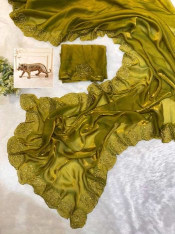 DESIGNER FENDY SATIN KHATLI CUT DANA HANDWORK ALONG WITH  ARC BORDER SAREE WITH UNSTITCHED BLOUSE PARROT GREEN