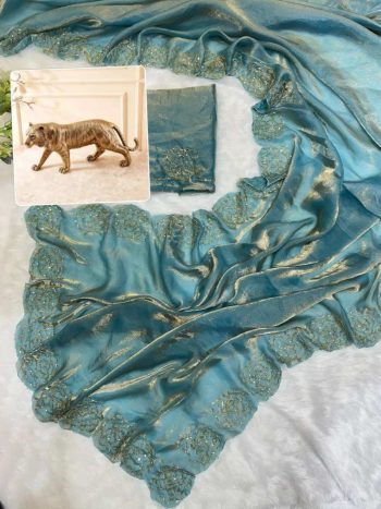 DESIGNER FENDY SATIN KHATLI CUT DANA HANDWORK ALONG WITH  ARC BORDER SAREE WITH UNSTITCHED BLOUSE SKY