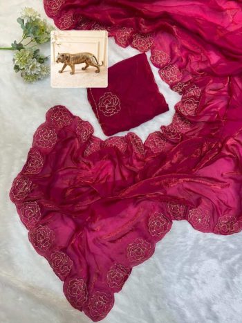 DESIGNER FENDY SATIN KHATLI CUT DANA HANDWORK ALONG WITH  ARC BORDER SAREE WITH UNSTITCHED BLOUSE RANI