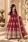 DESIGNER FENDY SILK EMBROIDERY THREDS & ZARI SEQUENCE WORK KID'S GOWN BOTTOM WITH DUPATTA MAROON