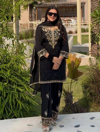 DESIGNER FRENCH CREPE SEQUENCE & ZARI EMBROIDERY WORK WITH PEARL MOTI WORK TOP PALAZZO WITH DUPATTA BLACK