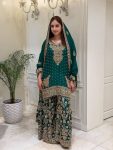 DESIGNER GEORGETTE EMBROIDERY CHAIN SEQUENCE WITH PERAL MOTI REAL MIRROR HAND WORK TOP PALAZZO WITH DUPATTA GREEN