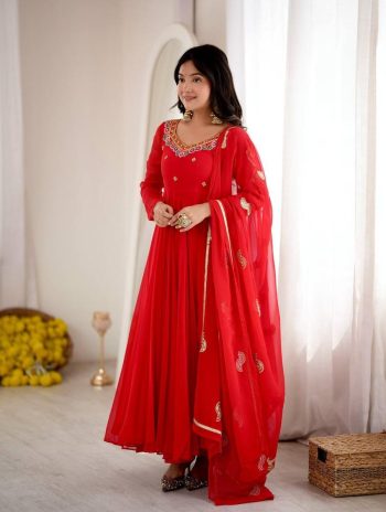 DESIGNER GEORGETTE EMBROIDERY SEQUENCE WORK  GOWN BOTTOM WITH DUPATTA RED