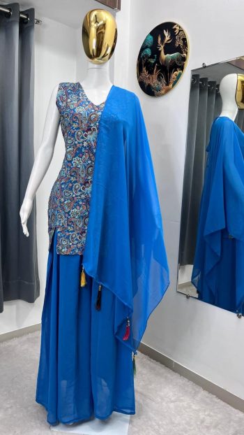 DESIGNER GEORGETTE EMBROIDERY SEQUENCE WORK TOP PALAZZO WITH DUPATTA BLUE