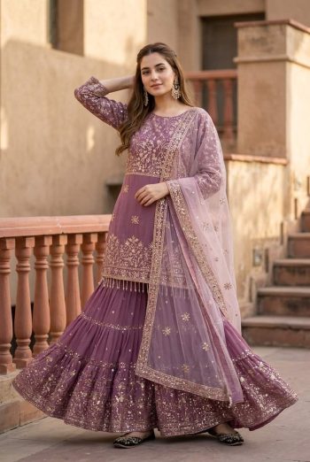 DESIGNER GEORGETTE EMBROIDERY SEQUENCE WORK  TOP SHARARA WITH DUPATTA LAVENDER