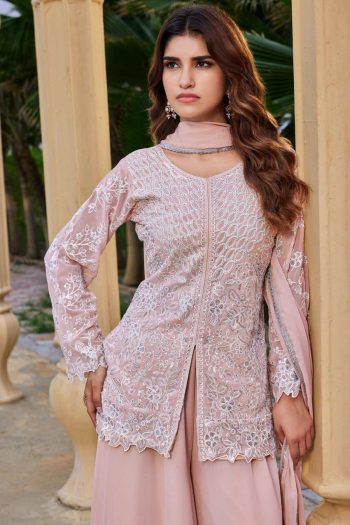 DESIGNER GEORGETTE EMBROIDERY  SEQUENCE WORK WITH CUTWORK TOP PALAZZO WITH DUPATTA PEACH