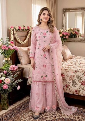 DESIGNER GEORGETTE EMBROIDERY SEQUENCE WORK WITH PERAL MOTI HAND WORK TOP PALAZZO WITH DUPATTA BABY PINK