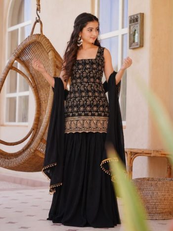 DESIGNER GEORGETTE EMBROIDERY WORK KID'S TOP PALAZZO WITH DUPATTA BLACK