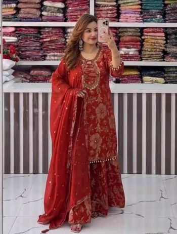 DESIGNER GEORGETTE EMBROIDERY WORK TOP PALAZZO WITH DUPATTA RUST