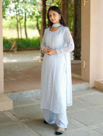 DESIGNER GEORGETTE EMBROIDERY WORK TOP PALAZZO WITH DUPATTA SKY