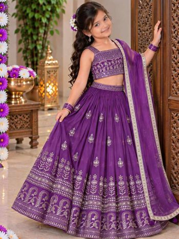 DESIGNER GEORGETTE SEQUENCE EMBROIDERY WORK KID'S LEHENGA CHOLI WITH DUPATTA PURPLE