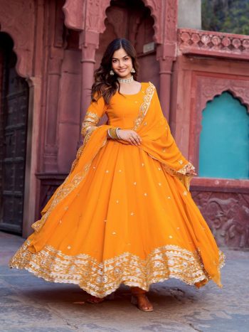 DESIGNER GEORGETTE THREAD WITH SEQUENCE WORK GOWN BOTTOM WITH DUPATTA YELLOW