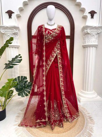 DESIGNER GEORGETTE THREAD WITH SEQUENCE WORK SAREE WITH UNSTITCHED BLOUSE AND DUPATTA RED