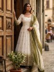 DESIGNER GEORGETTE TWO-TONE PRINT WITH EMBROIDERY 5 MM SEQUENCE WORK GOWN BOTTOM WITH DUPATTA GREEN AND WHITE