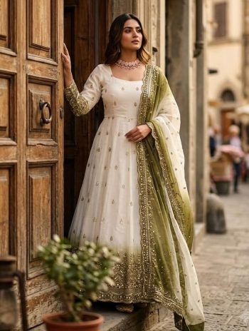 DESIGNER GEORGETTE TWO-TONE PRINT WITH EMBROIDERY 5 MM SEQUENCE WORK GOWN BOTTOM WITH DUPATTA GREEN AND WHITE