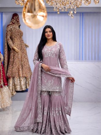 RICH LOOK GERMAN CHINON EMBROIDERY SEQUENCE WORK WITH READY MADE LACE BORDER WORK TOP SHARARA WITH DUPATTA PURPLE