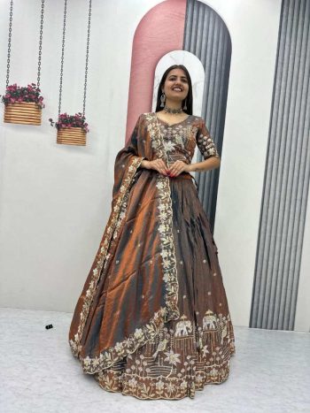DESIGNER GLASS SILK EMBROIDERY WORK LEHENGA CHOLI WITH DUPATTA GREY
