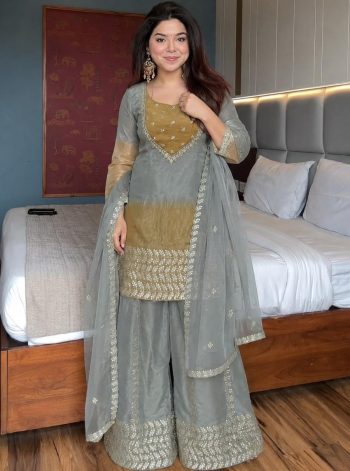 DESIGNER GMY SILK EMBROIDERY AND SEQUENCE WORK WITH DIGITAL PRINT WORK TOP PALAZZO WITH DUPATTA GREY AND YELLOW