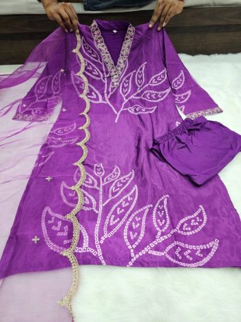 SIGNER HEAVY CHINON SILK DIGITAL PRINT  AND HEAVY CODING WORK  TOP BOTTOM WITH DUPATTA  PURPLE