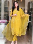 SIGNER HEAVY CHINON SILK DIGITAL PRINT  AND HEAVY CODING WORK  TOP BOTTOM WITH DUPATTA YELLOW