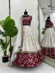 DESIGNER JACQUARD CODING WITH SEQUENCE  WORK LEHENGA CHOLI WITH DUPATTA MAROON AND OFF WHITE