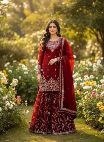 DESIGNER JMC SILK THREAD WITH SEQUENCE WITH RIVET MOTI WORK TOP SHARARA WITH DUPATTA MAROON