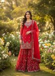 DESIGNER JMC SILK THREAD WITH SEQUENCE WITH RIVET MOTI WORK TOP SHARARA WITH DUPATTA RED