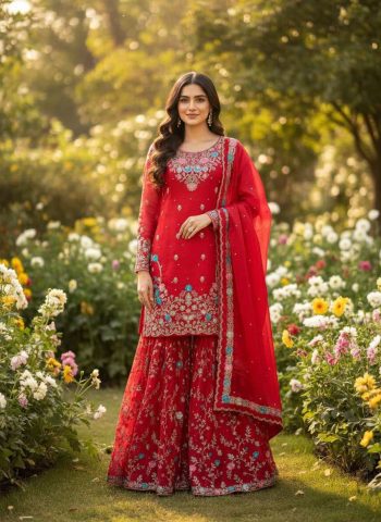 DESIGNER JMC SILK THREAD WITH SEQUENCE WITH RIVET MOTI WORK TOP SHARARA WITH DUPATTA RED