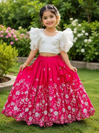 DESIGNER KOTA CHECKS FLORAL EMBROIDERY WORK KID'S LEHENGA CHOLI WHITE AND RANI