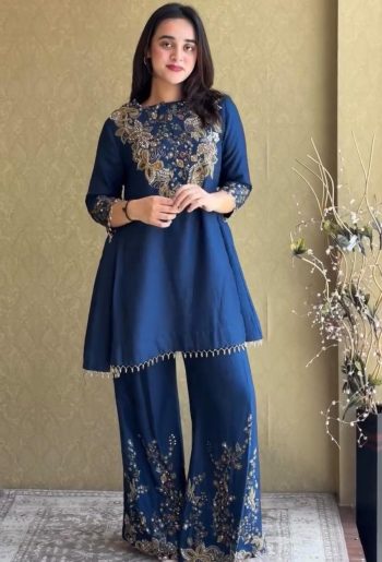 DESIGNER MALAI CREPE SEMI-BEADS EMBROIDERY WORK TOP PALAZZO SET NAVY BLUE